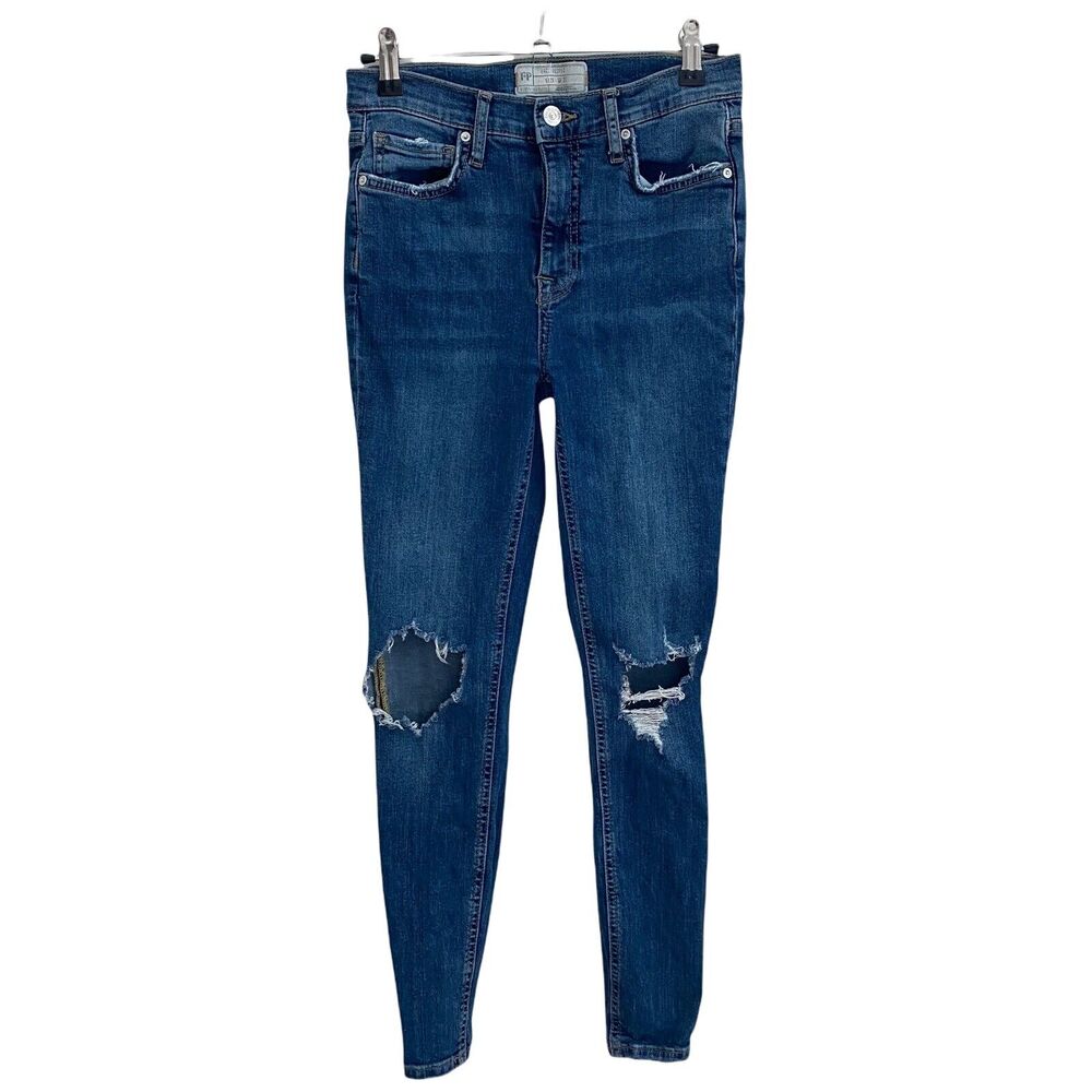 Free People 27 Skinny Jeans Distressed Medium Blue Denim Holes Stretch